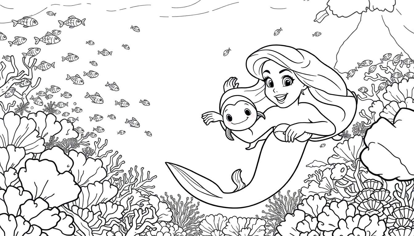 Ariel, la Sirenita, nadando felizmente con su amigo Flounder, rodeados de una vibrante placa de color de corales y peces alegres.
