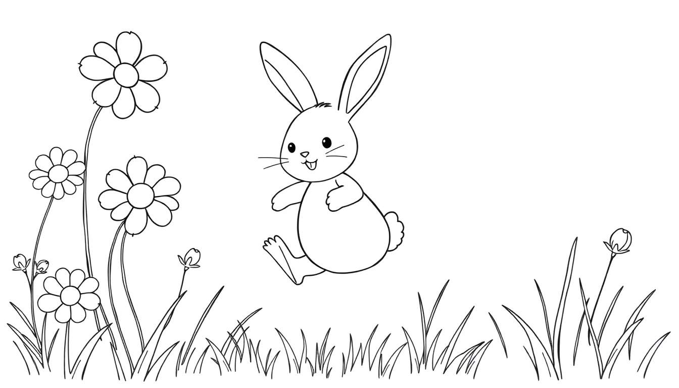 Un dibujo en blanco y negro de Bing el conejito saltando alegremente en un campo de flores de colores, con la placa de color del sol iluminando la escena.