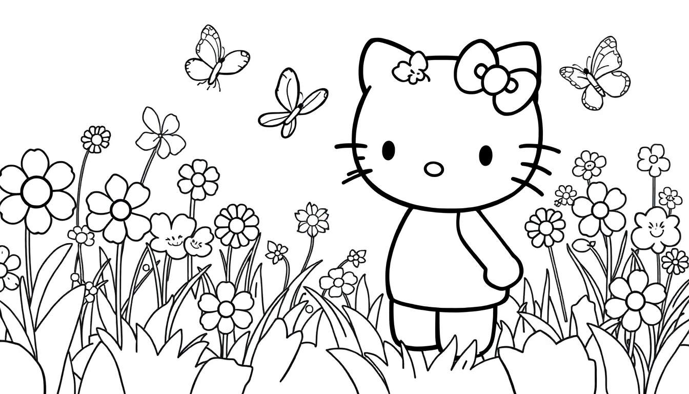 Placa de color de Hello Kitty feliz en un campo de flores con mariposas.