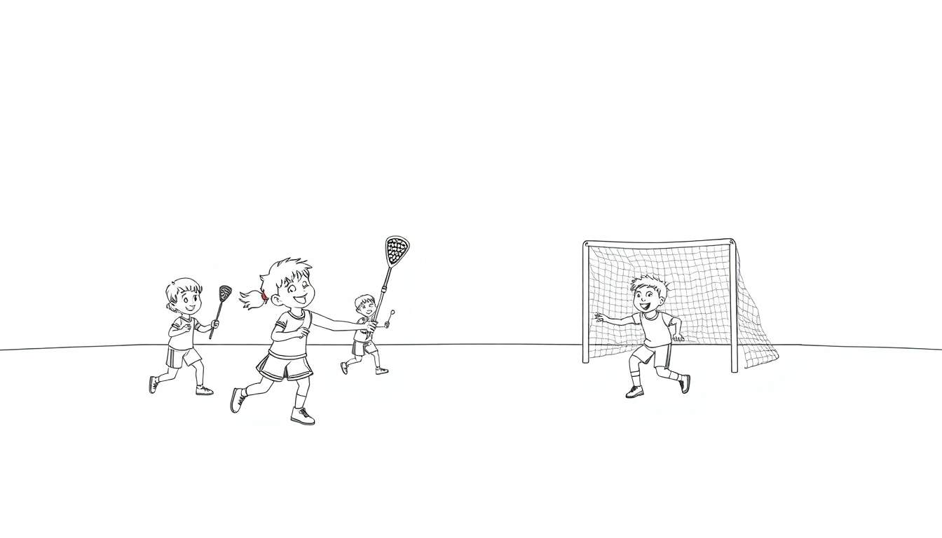 Niños jugando al lacrosse en un campo soleado, con un niño a punto de lanzar a la portería, y el portero intentando parar el tiro. Placa de color con fondo blanco.