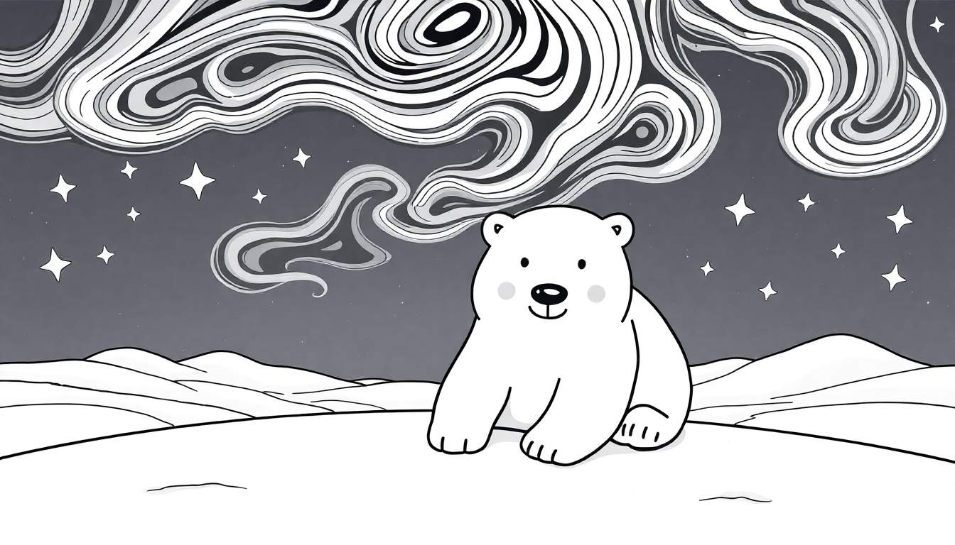Oso polar de dibujos animados feliz bajo auroras boreales danzantes en la placa de color.