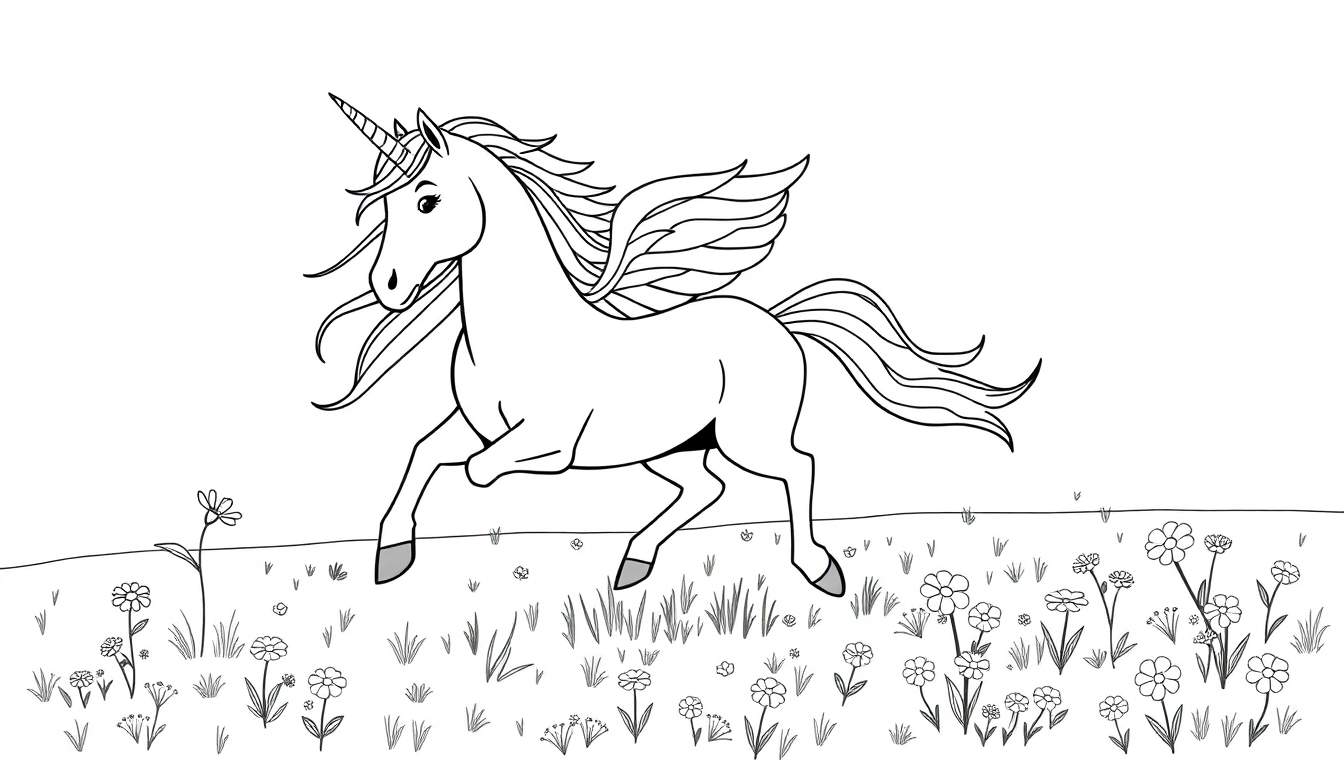 Unicornio blanco corriendo con alas y melena onduladas en un campo de flores.
