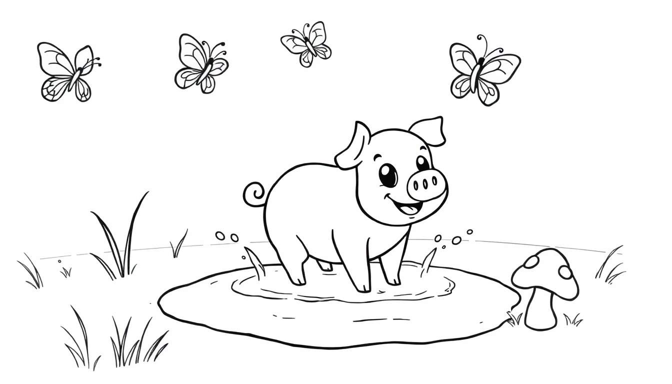 Placa de color de un cerdito feliz en un charco con mariposas.