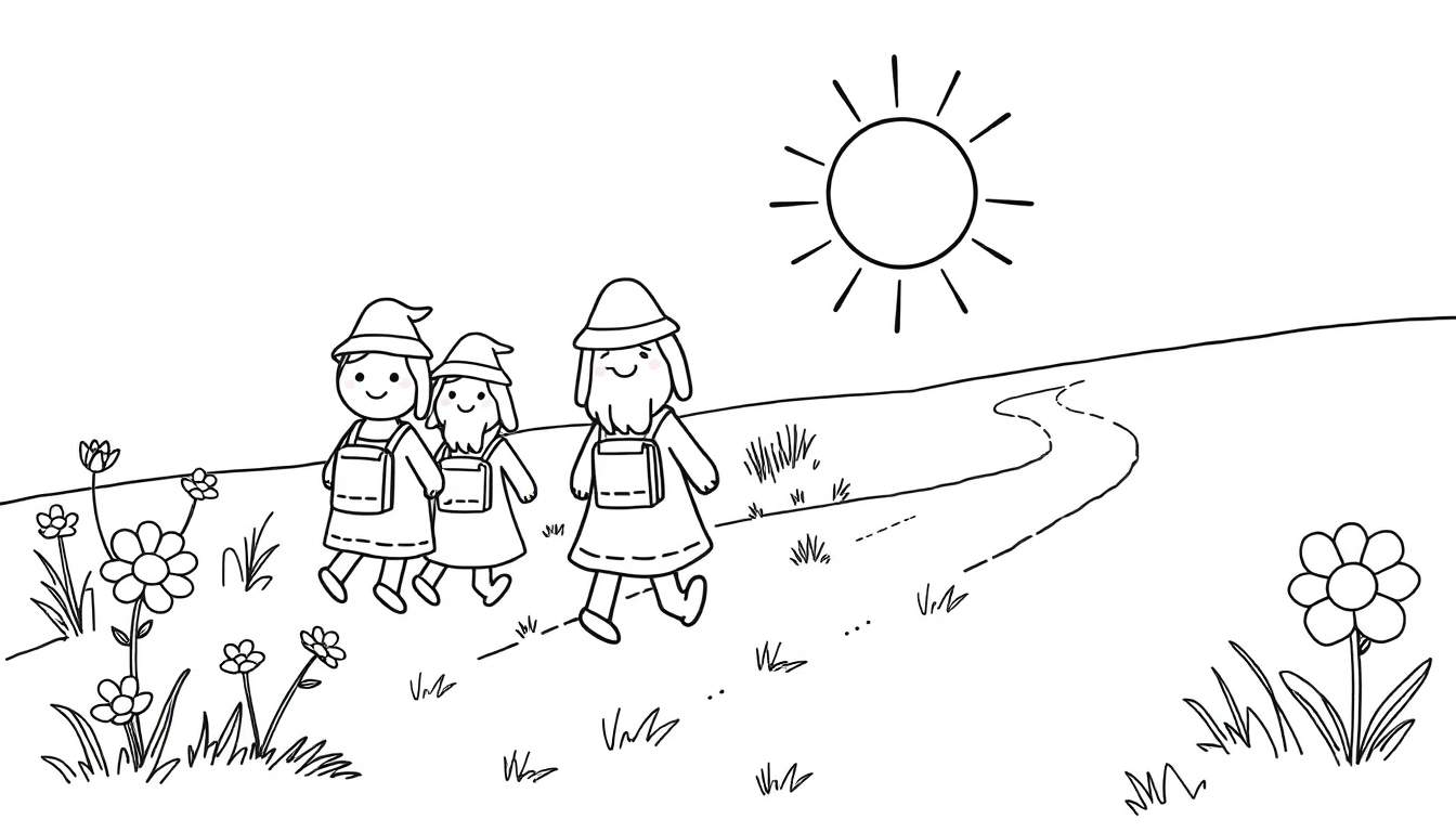 Peregrinos de peluche con sombreros puntiagudos caminando por un sendero soleado con flores, visto a través de una placa de color.