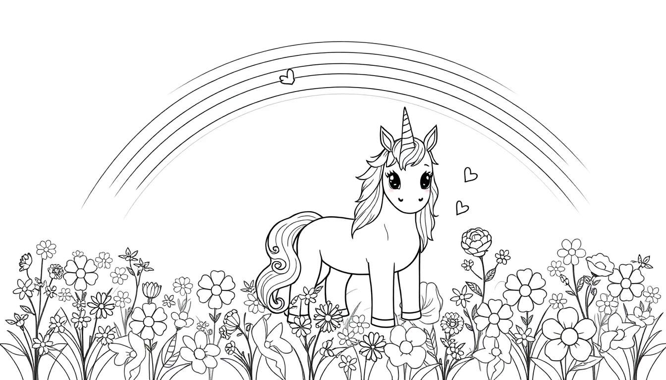 Unicornio bajo un arcoíris en un campo de flores, listo para colorear en una placa de color.