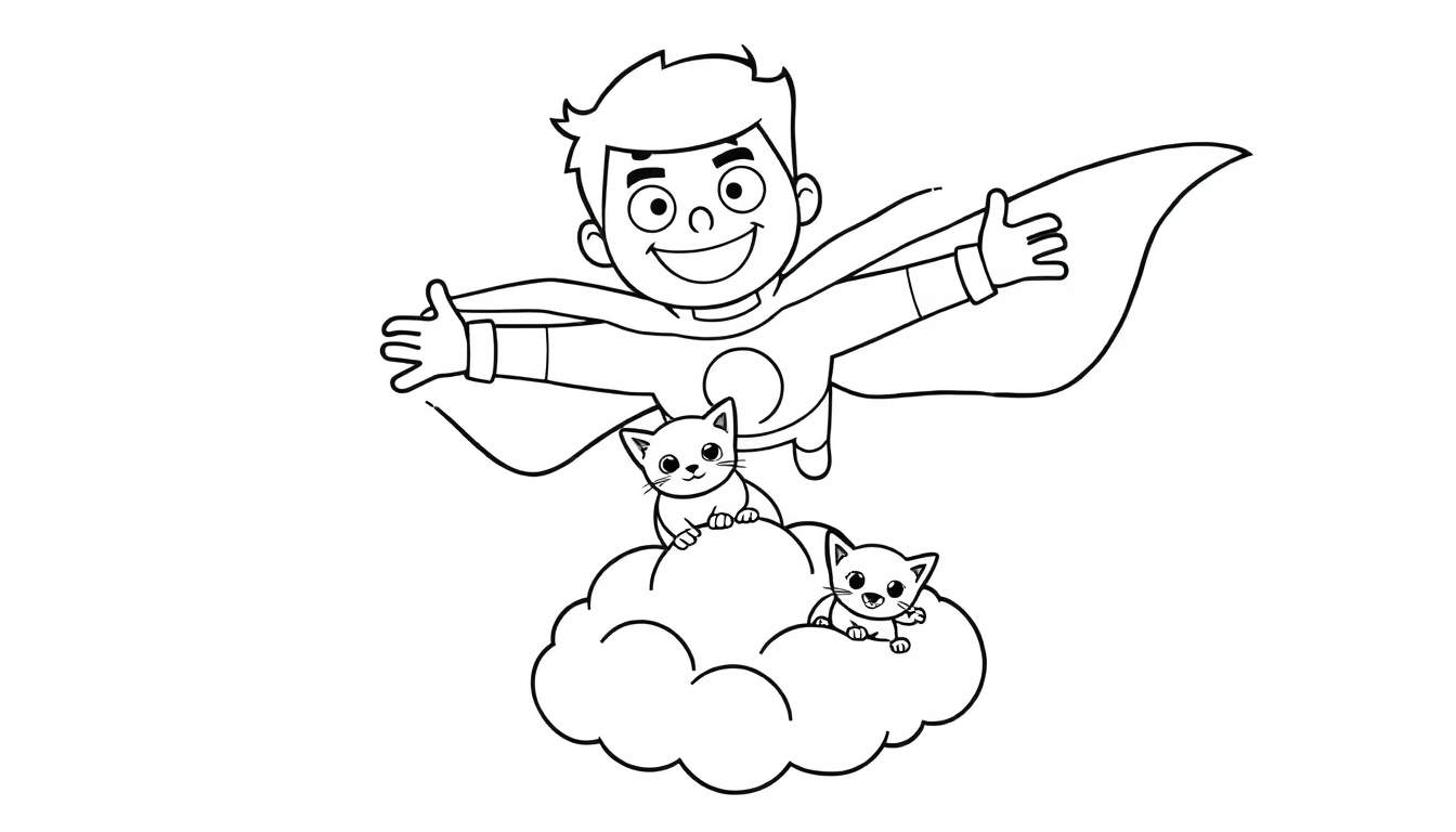 Placa de color de un superhéroe volando para salvar gatitos en una nube.