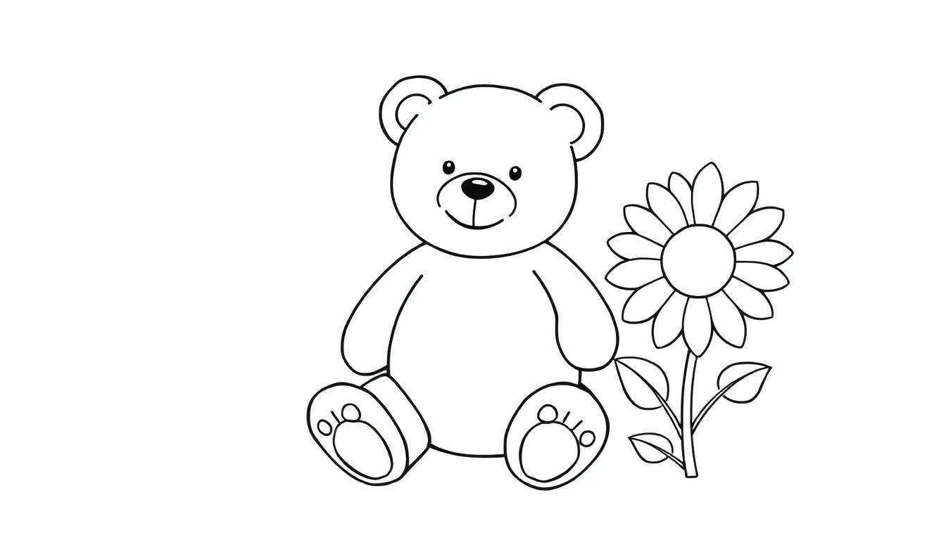 Placa de color de un osito de peluche sentado junto a un girasol, listo para ser coloreado.