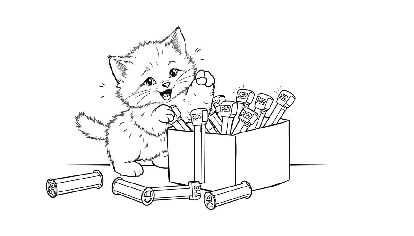 Un gatito juguetón intentando sacar caramelos PEZ de una caja abierta, con algunos PEZ tirados en el suelo. Dibujo a color de placa.