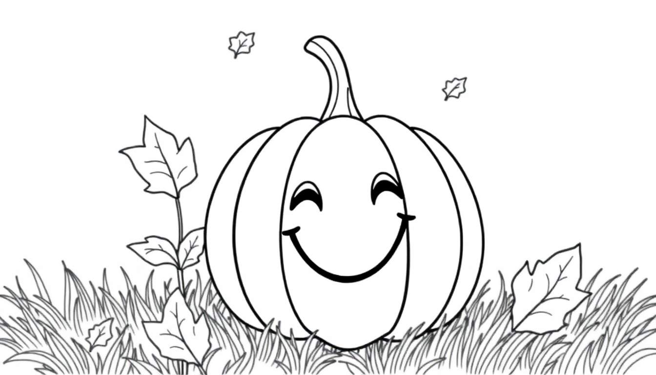 Placa de color de una calabaza sonriente rodeada de hierba y hojas caídas.