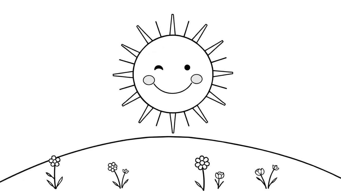 Placa de color con un sol sonriente y flores alegres.