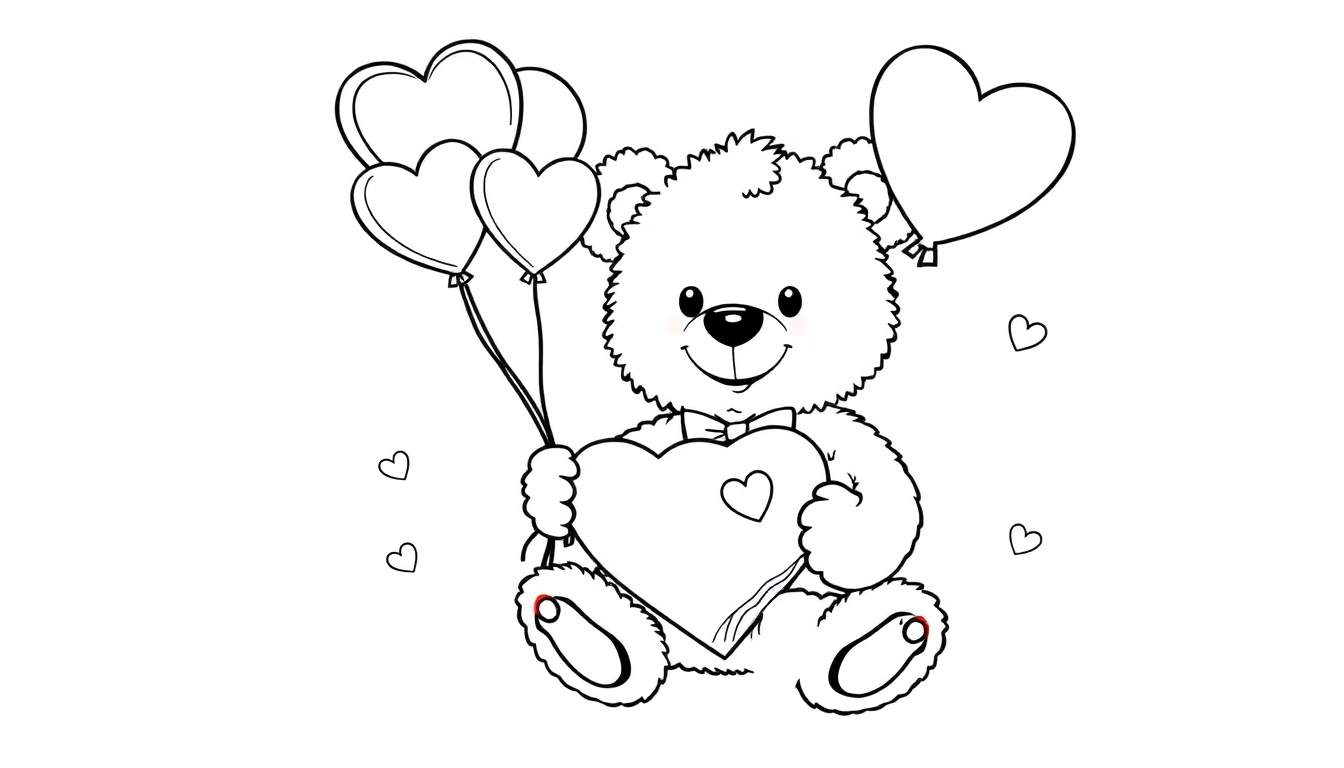 Un tierno osito de peluche en blanco y negro sosteniendo un corazón, rodeado de globos en forma de corazón, listo para colorear la placa.