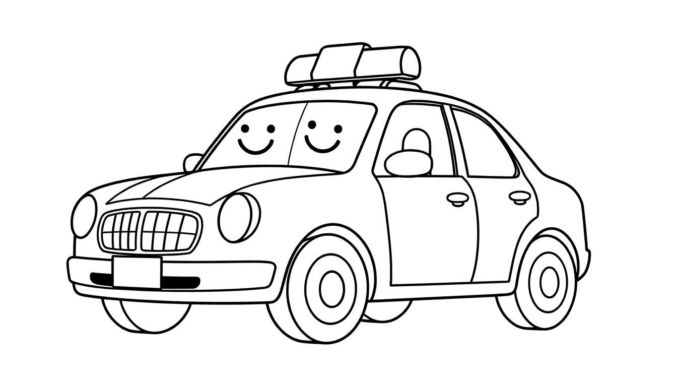 Un coche de policía de dibujos animados en blanco y negro con una barra de luces y caras sonrientes, listo para ser coloreado con una placa de color.