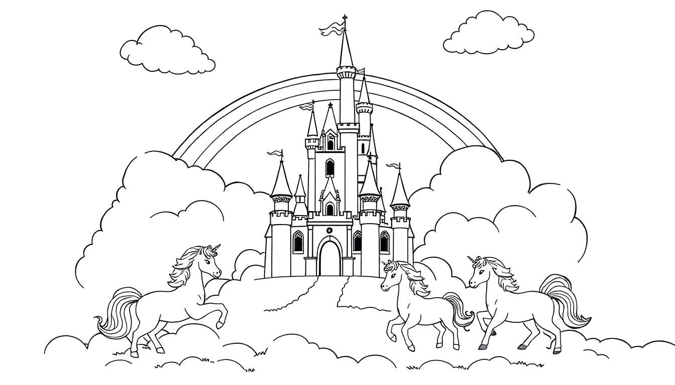 Placa de color de un castillo de cuento de hadas en una colina, rodeado de nubes, con un arco iris y tres unicornios delante.
