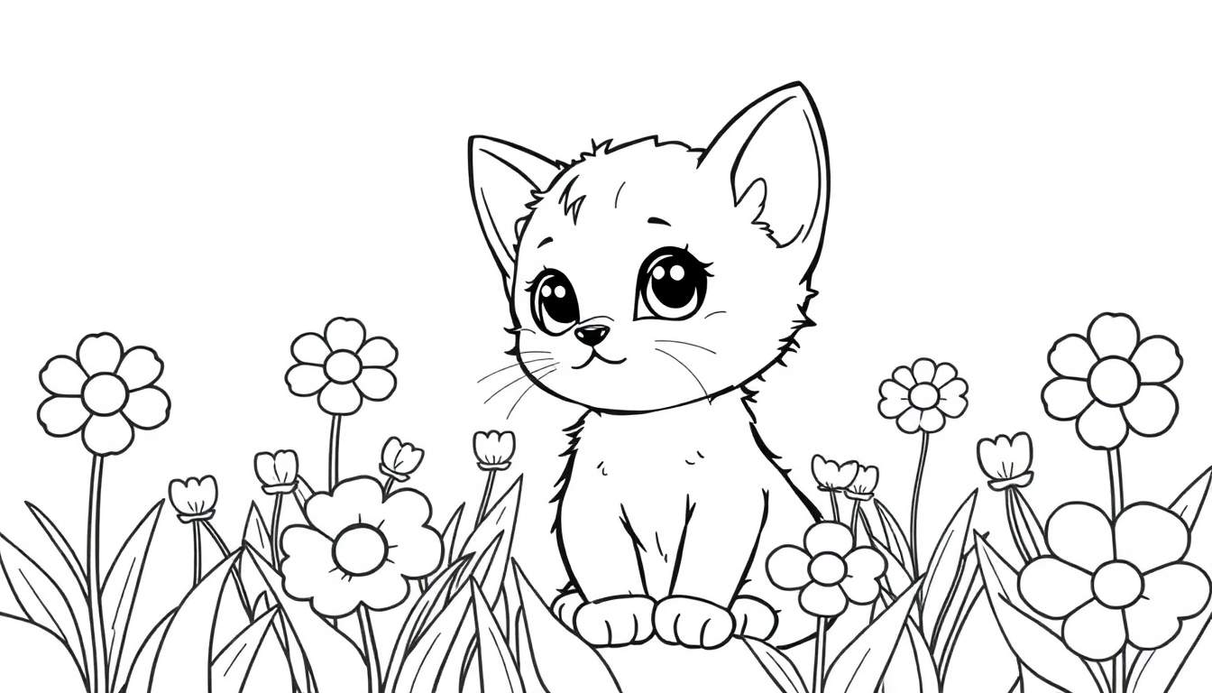 Placa de color de un gatito lindo sentado en un campo de flores.