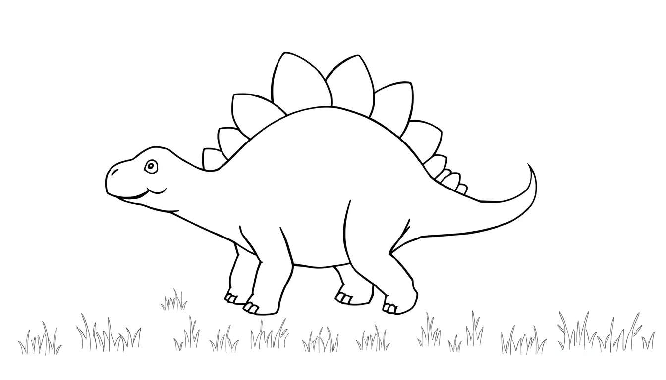 Un estegosaurio amigable con placas de colores brillantes caminando en un prado.