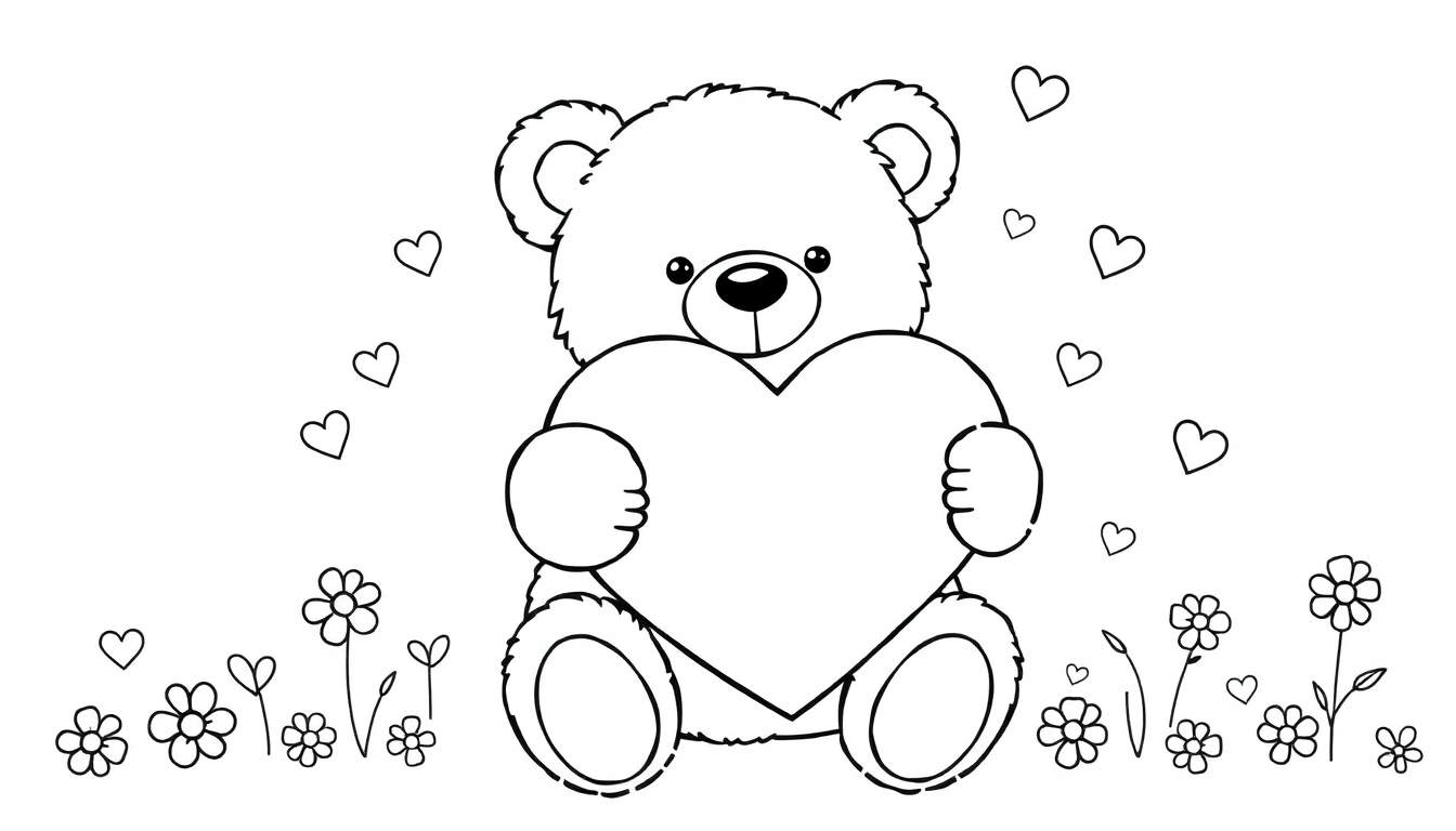 Placa de color de un osito de peluche tierno sosteniendo un corazón grande rodeado de corazones pequeños y flores.