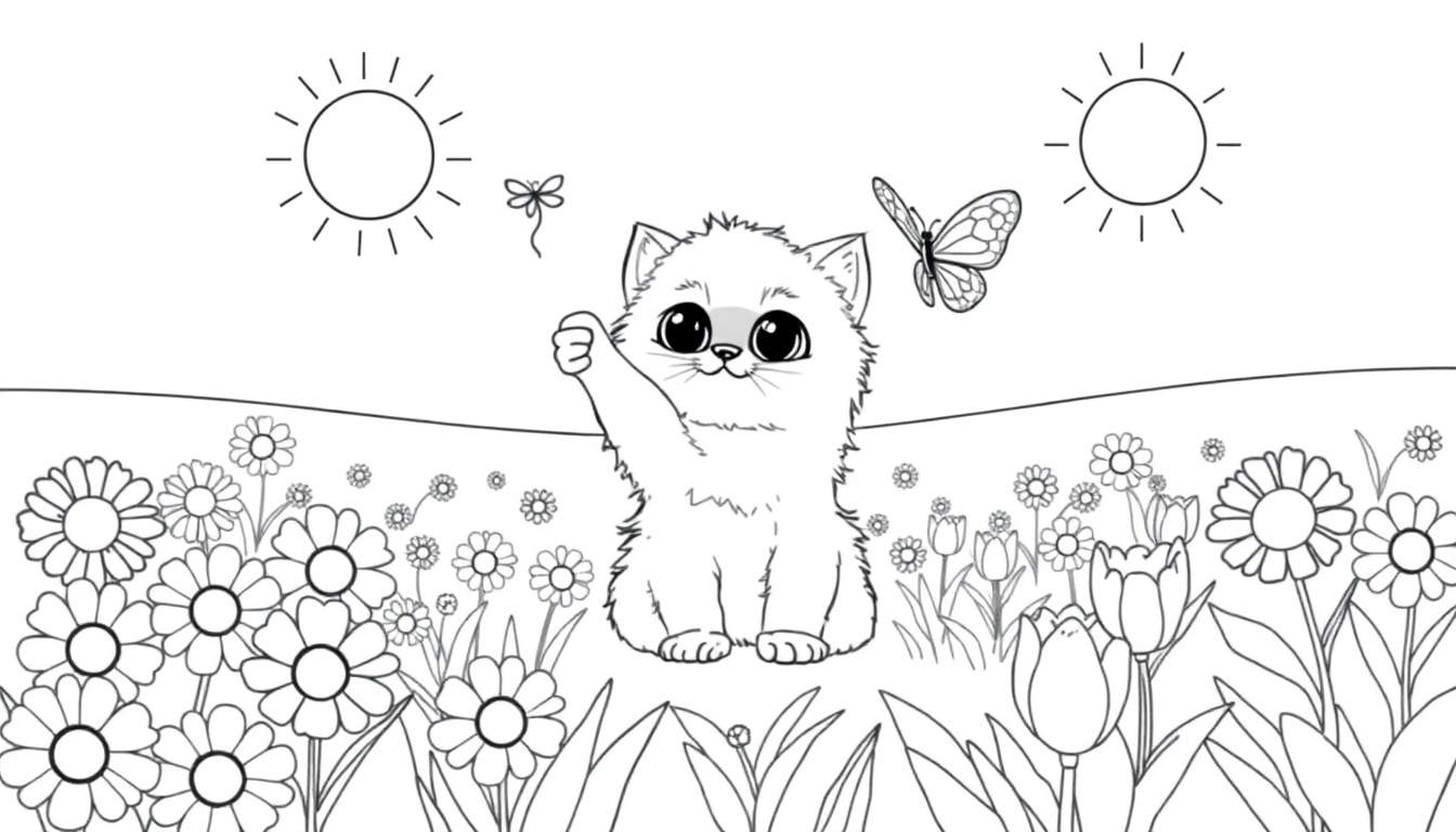 Placa de color con un gatito lindo jugando en un campo de flores soleado.