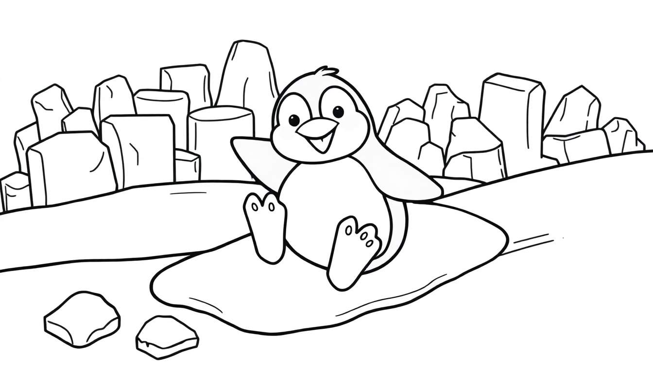 Un pingüino feliz saluda desde un trozo de hielo, con bloques de hielo alrededor. Esta placa de color es un dibujo lineal.