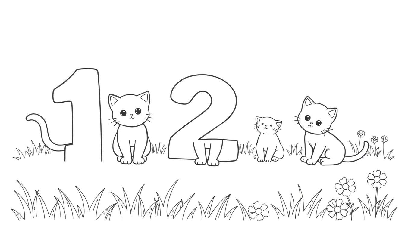 Una placa de color para colorear con los números 1 y 2 rodeados de gatos y flores.