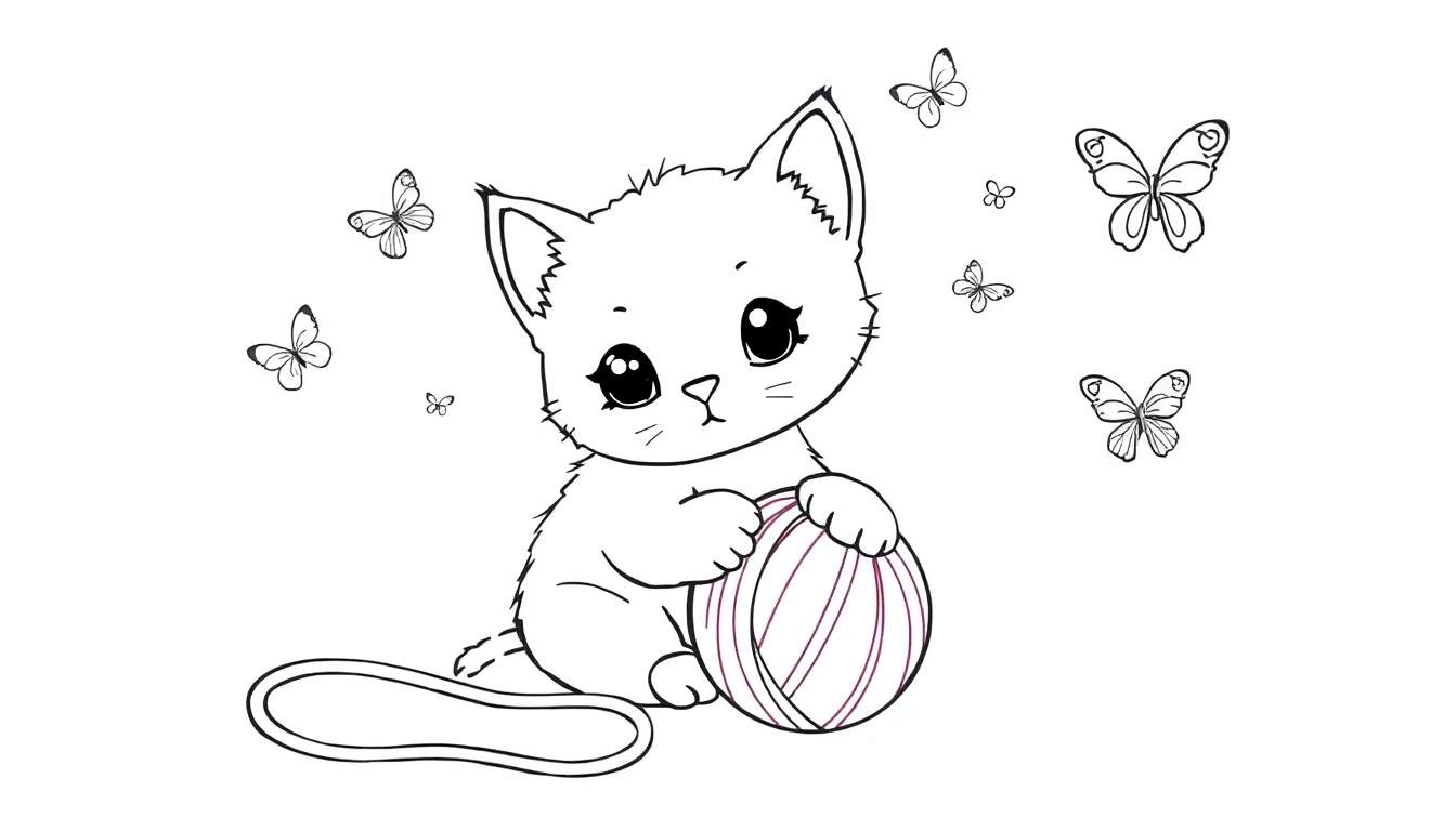 Placa de color de un gatito adorable con un ovillo de lana y mariposas.