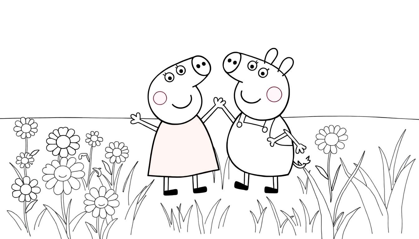 Placa de color de Peppa Pig y George cogidos de la mano en un campo de flores.