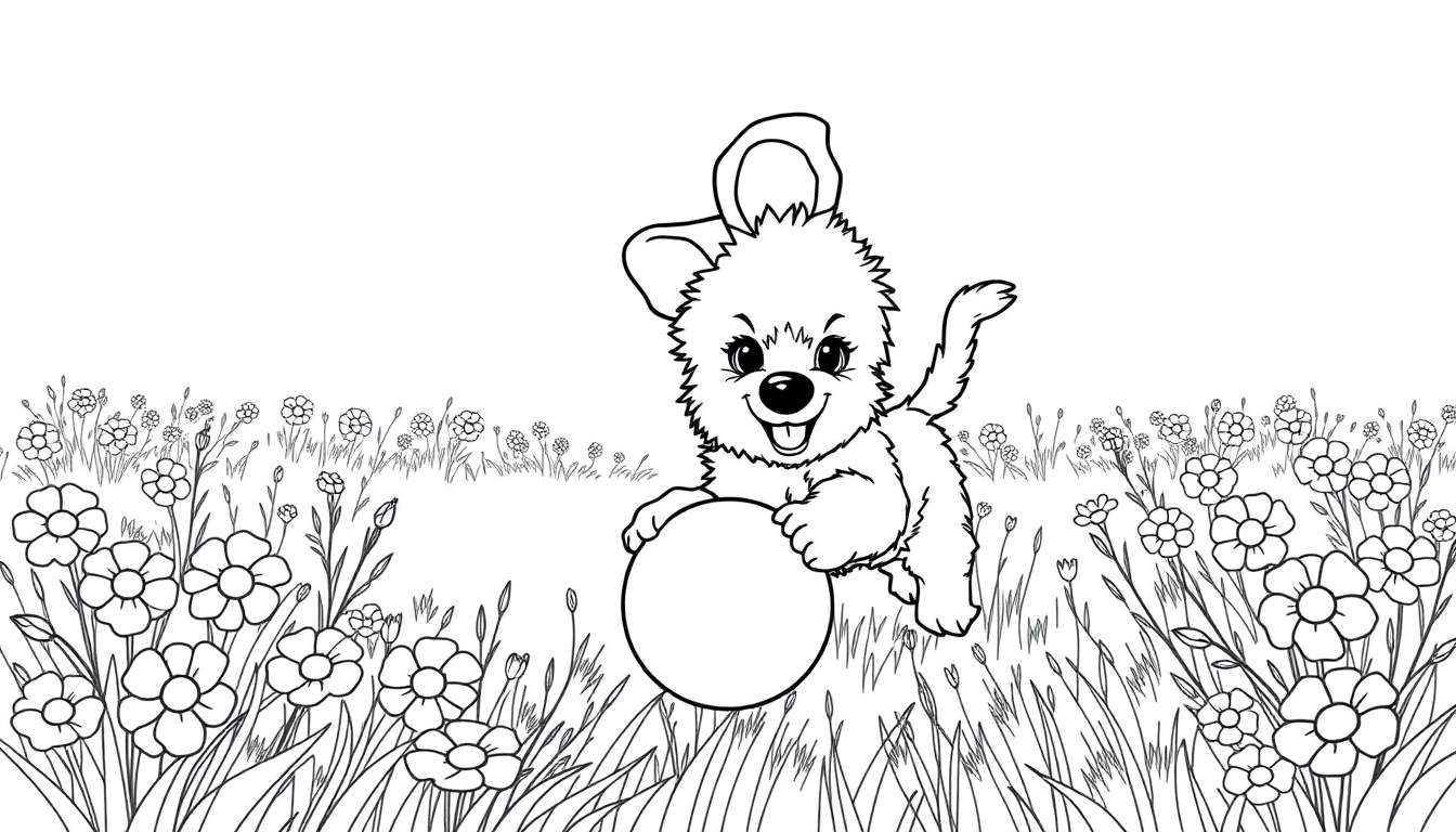 Un cachorro de pelaje rizado y orejas grandes, jugando con una pelota en un campo de flores, todo representado en una placa de color lineal en blanco y negro.