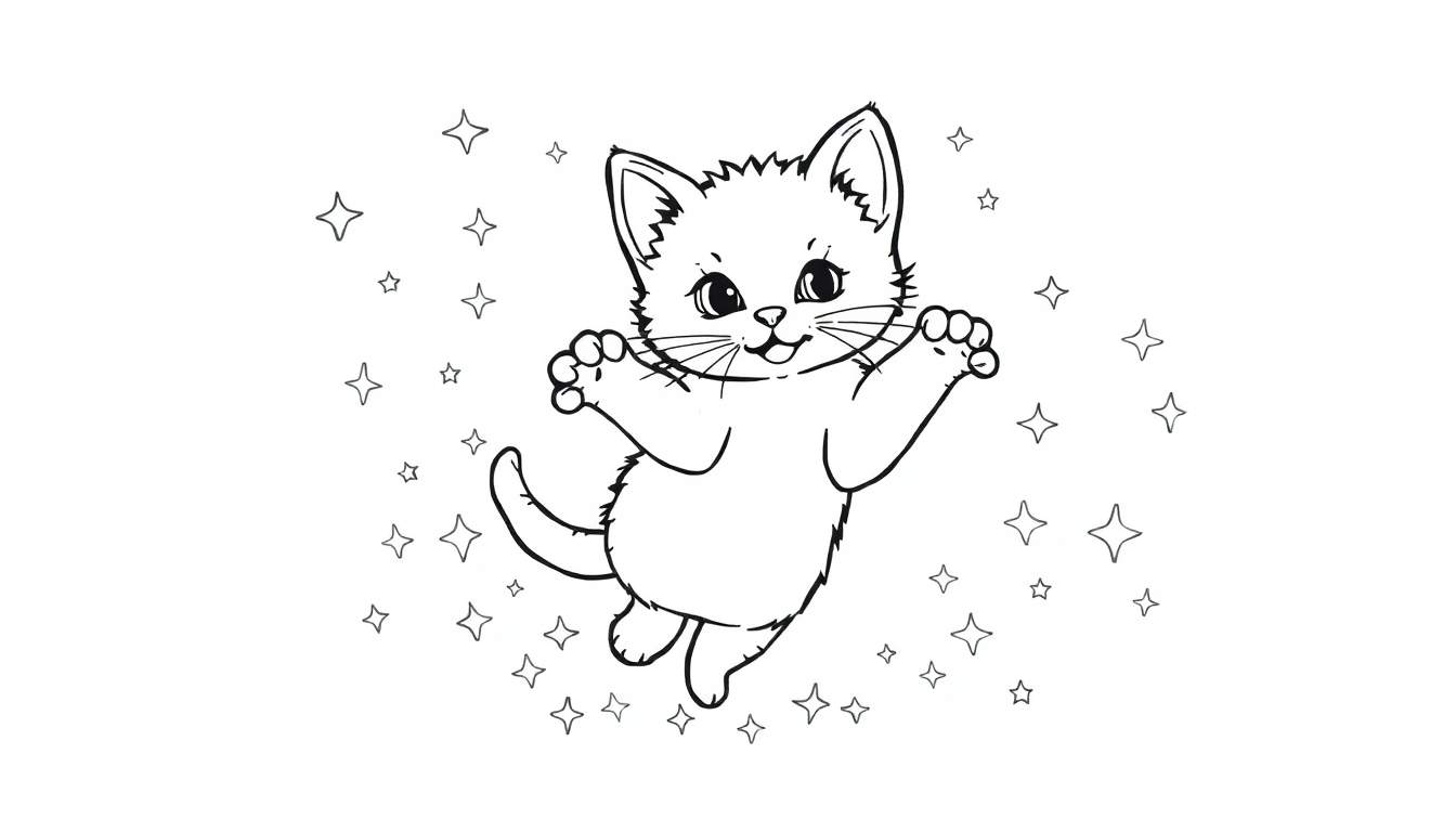 Gato de dibujos animados volando entre estrellas, listo para colorear en la placa de color.