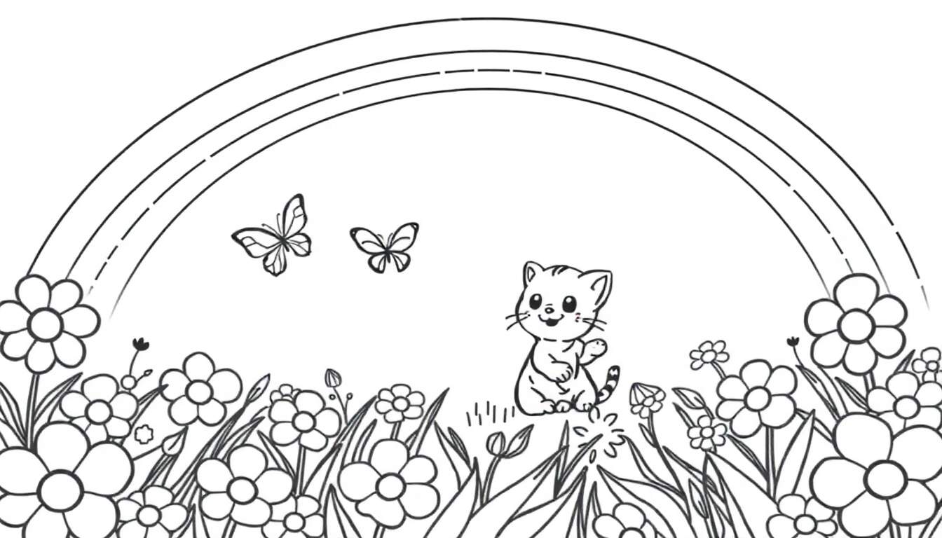 Placa de color de un gatito saludando en un campo de flores bajo un arcoíris.