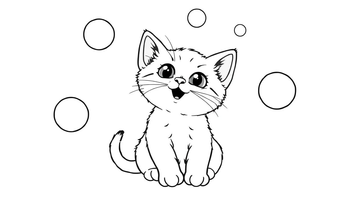 Un gatito blanco y negro sonriente rodeado de burbujas de colores en una placa de color.