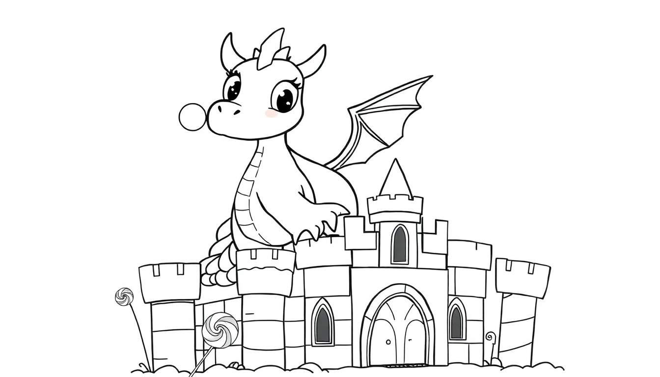 Placa de color de un dragón lindo soplando una burbuja de goma de mascar en un castillo de dulces.