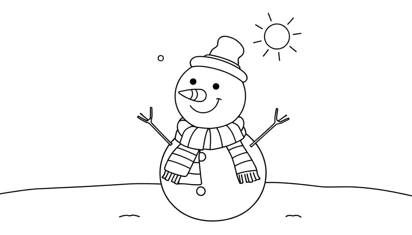 Placa de color de un muñeco de nieve sonriente con nariz de zanahoria y sombrero.