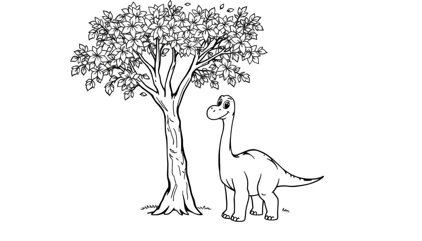 Un dibujo lineal de un brontosaurio bebé amigable con grandes ojos comiendo hojas de un árbol alto, listo para ser coloreado en una placa de color.