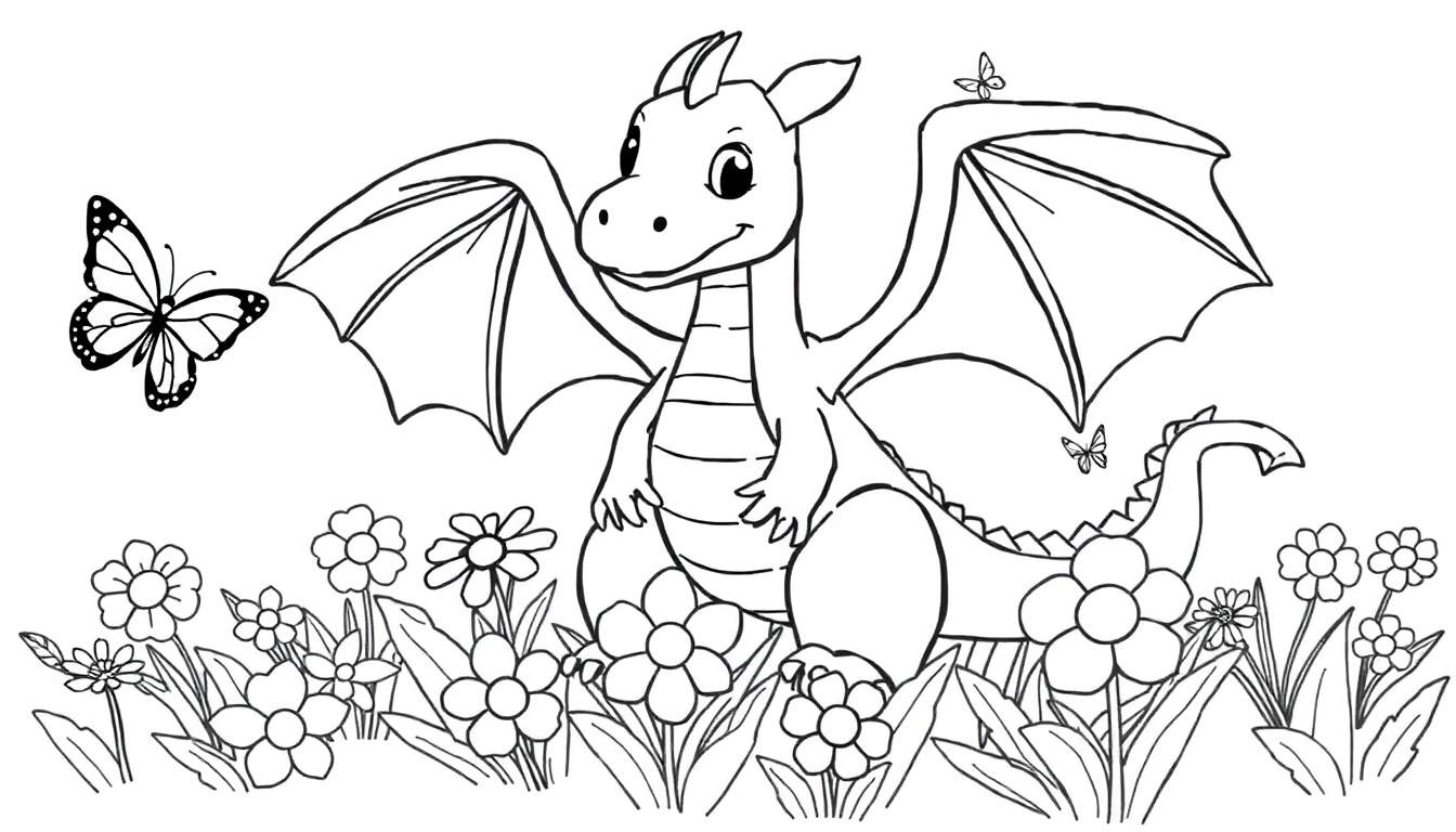 Placa de color de un dragón de dibujos animados amigable con alas de arcoíris rodeado de flores y mariposas.