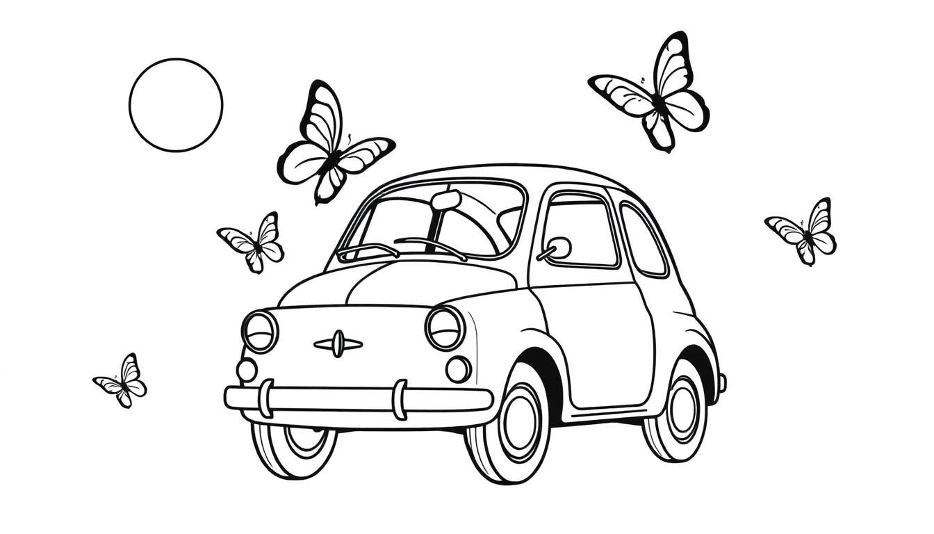 Placa de color de un coche Fiat 500 rodeado de mariposas y un sol