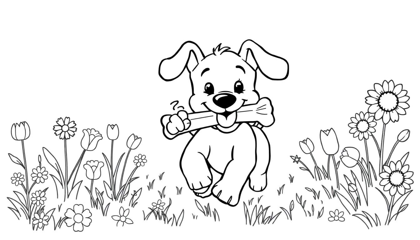 Placa de color de un cachorro corriendo con un hueso en un campo de flores.