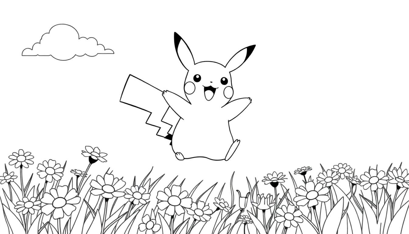 Placa de color de Pikachu sonriente en un campo de flores.