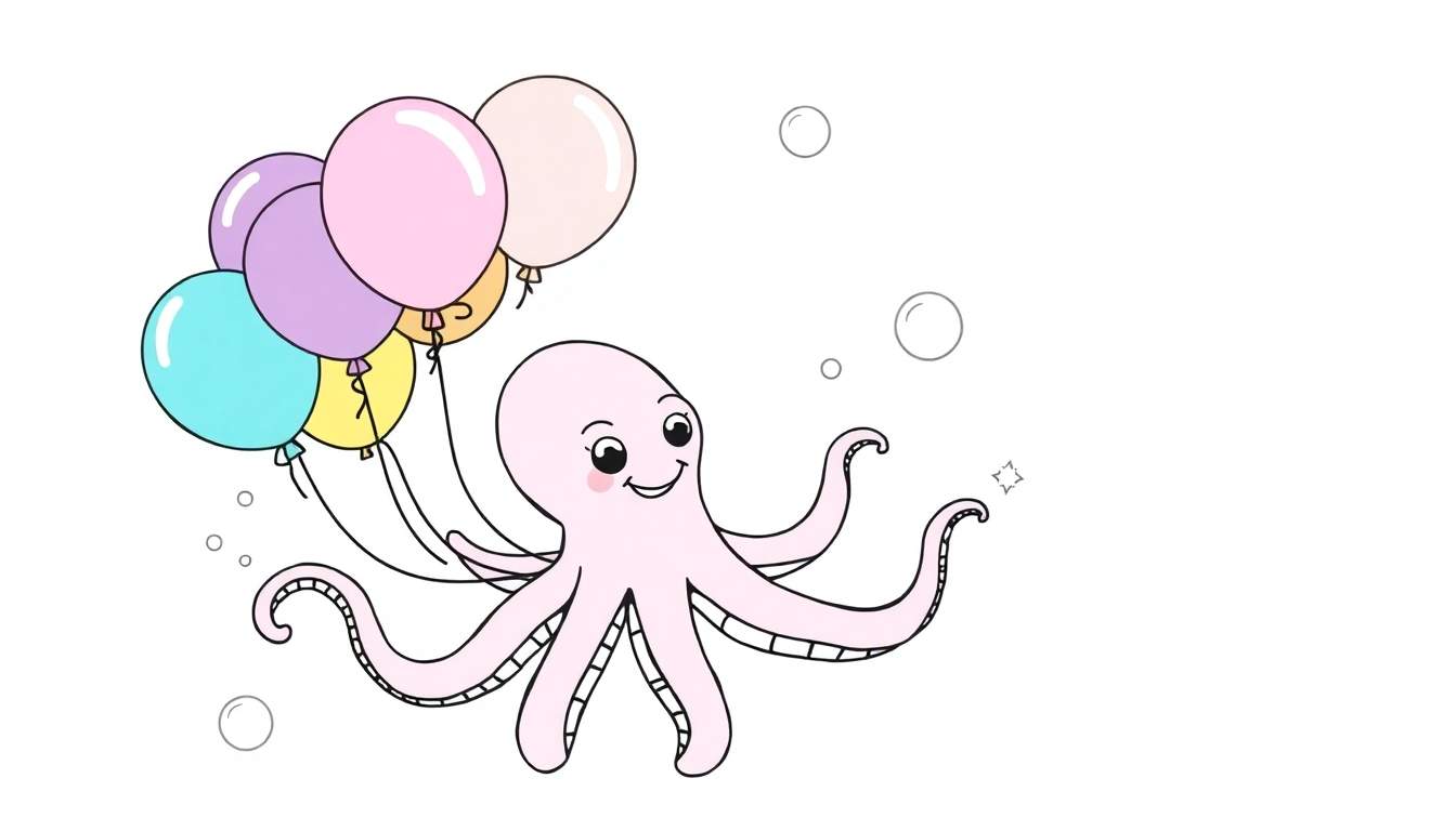 Pulpo rosa amigable sujetando una placa de color con globos.