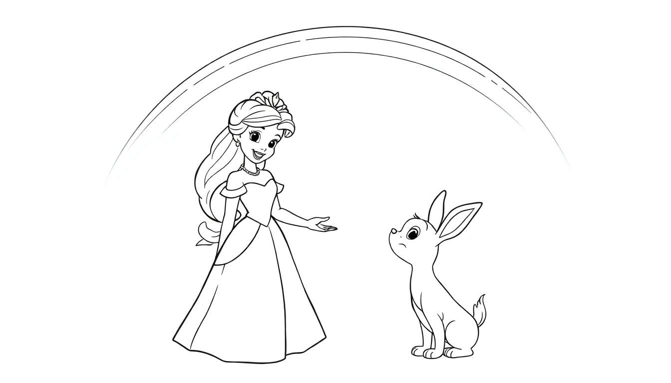 Una princesa sonriente con una tiara y un vestido largo, invitando a un conejo curioso sentado bajo un arcoíris brillante. Placa de color, dibujo lineal.