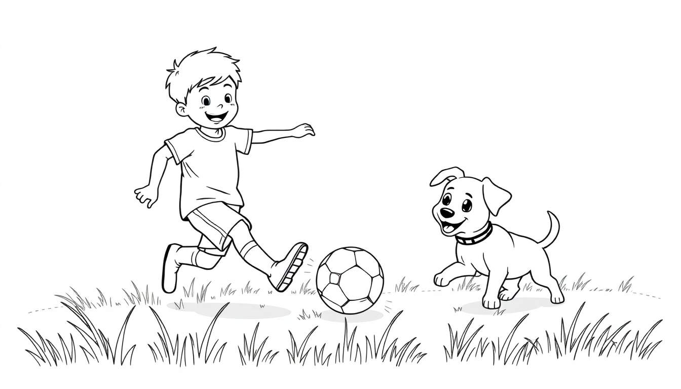 Placa de color de un niño y su perro jugando al fútbol.