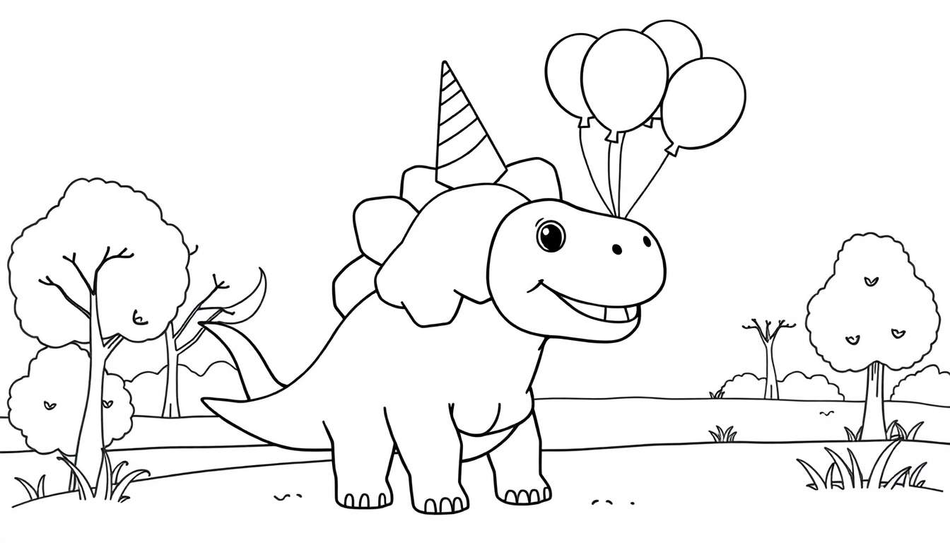 Placa de dinosaurio de dibujos animados sonriente con sombrero de fiesta y globos.