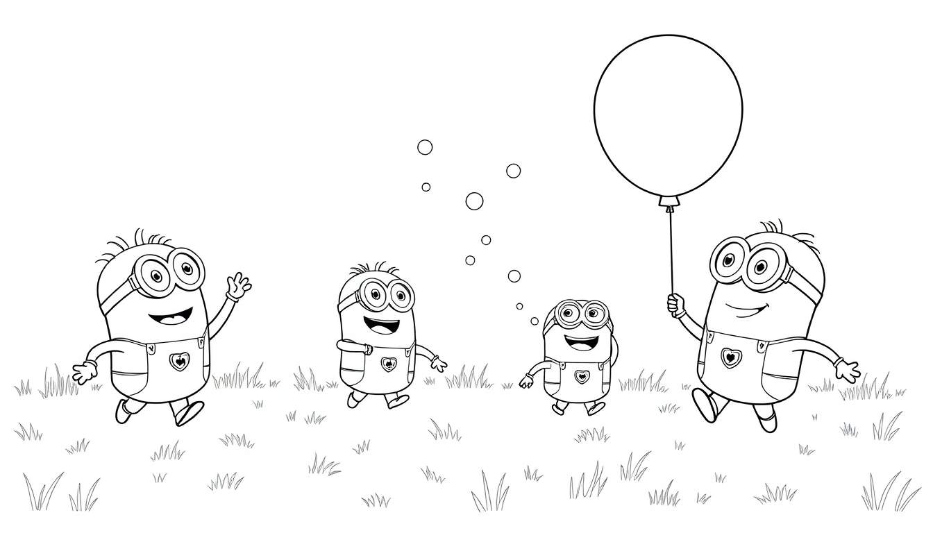 Cuatro Minions felices con petos y corazones jugando en un prado soleado con globos. La placa de color resalta su alegría.