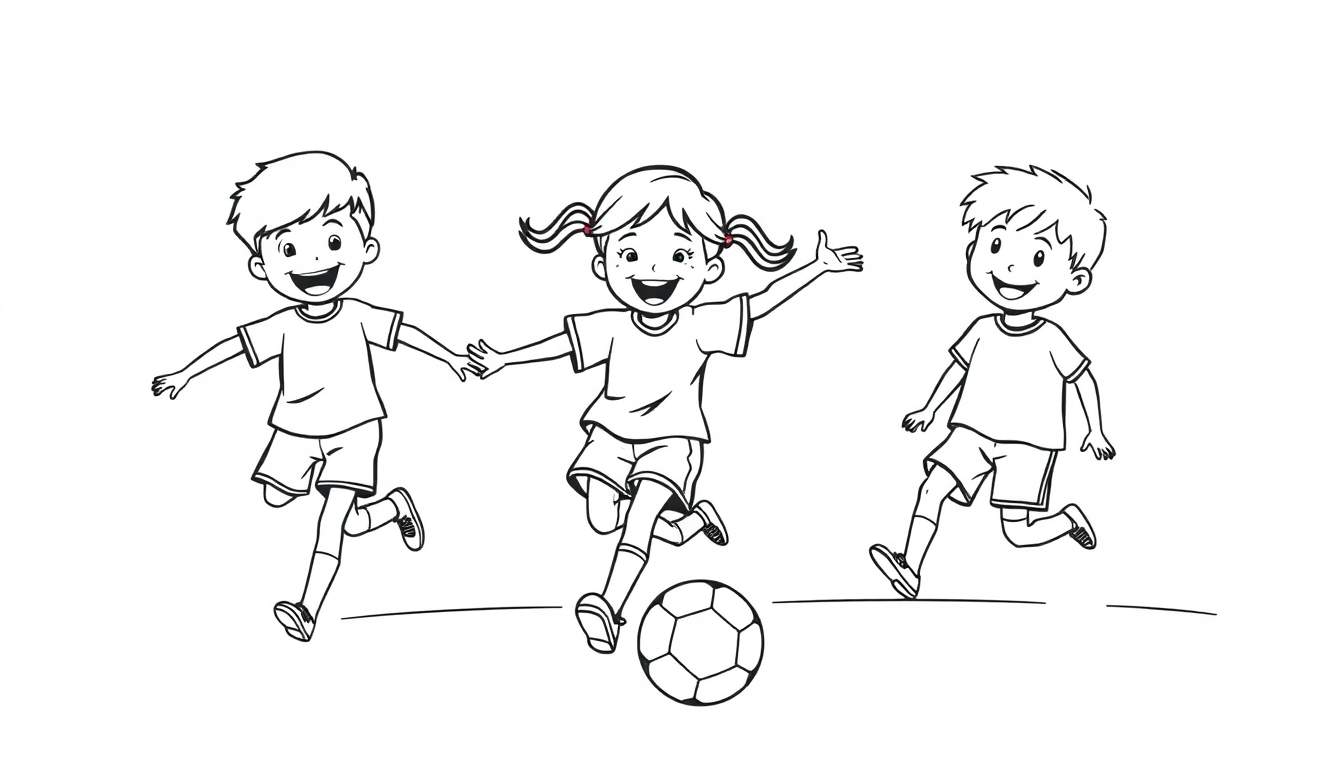 Tres niños sonrientes jugando al fútbol bajo un sol brillante, con la placa de color resaltando su alegría.