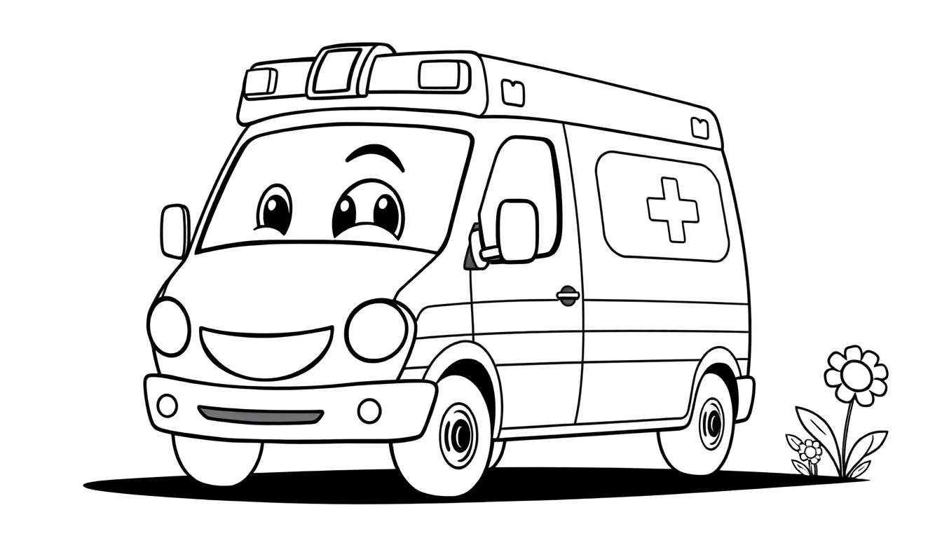 Una ambulancia de dibujos animados sonriente con una placa de color para colorear.