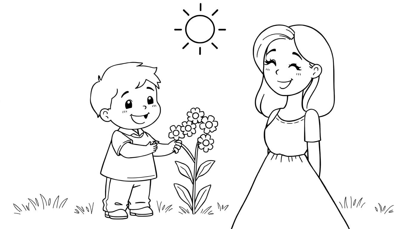 Un dibujo lineal de un niño ofreciendo flores a una mujer sonriente bajo un sol radiante, con una placa de color vibrante que realza la escena.