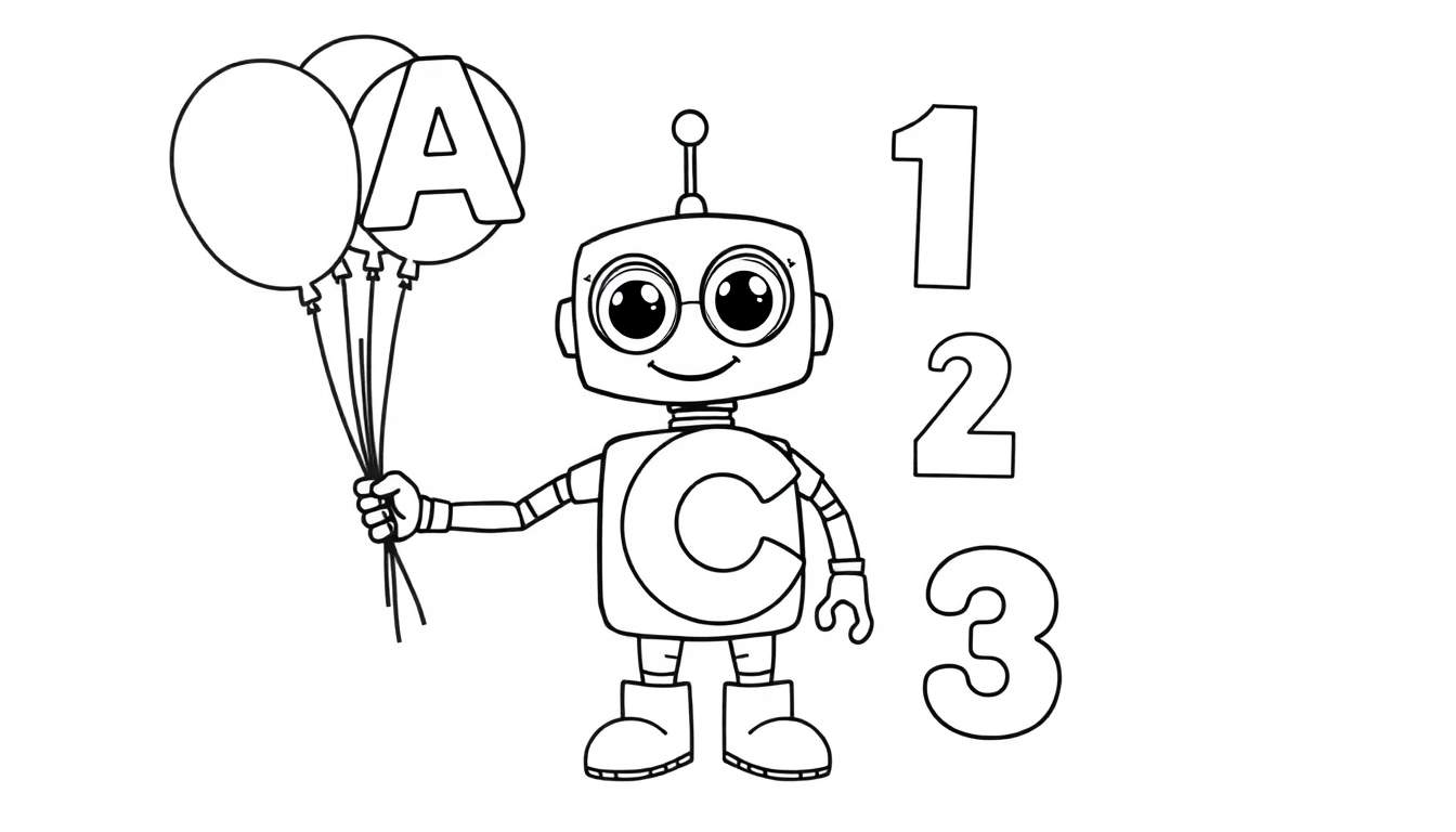 Un robot amigable sonriente con la letra C en su pecho, sosteniendo globos y mostrando números, sobre una placa de color.