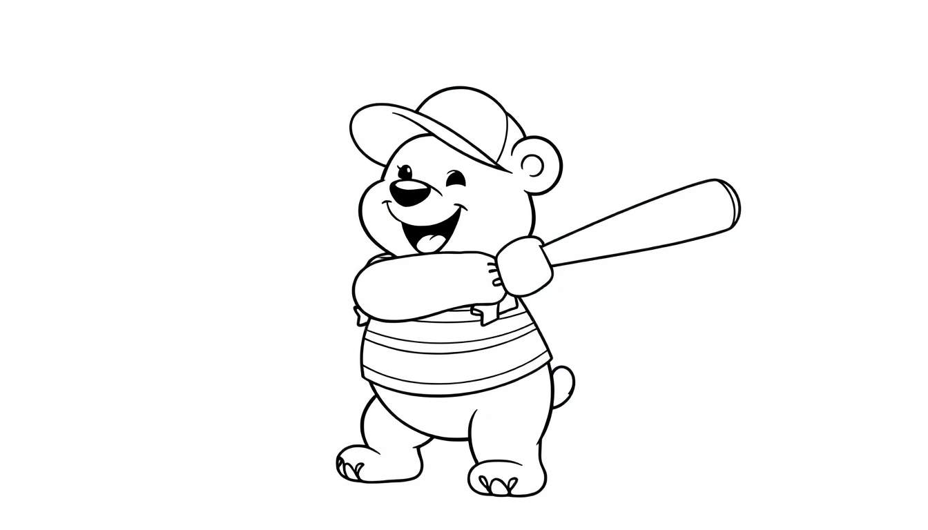 Un oso de dibujos animados con una gorra de béisbol y una camiseta a rayas, guiñando un ojo y sonriendo mientras sostiene un bate de béisbol. Placa de color.