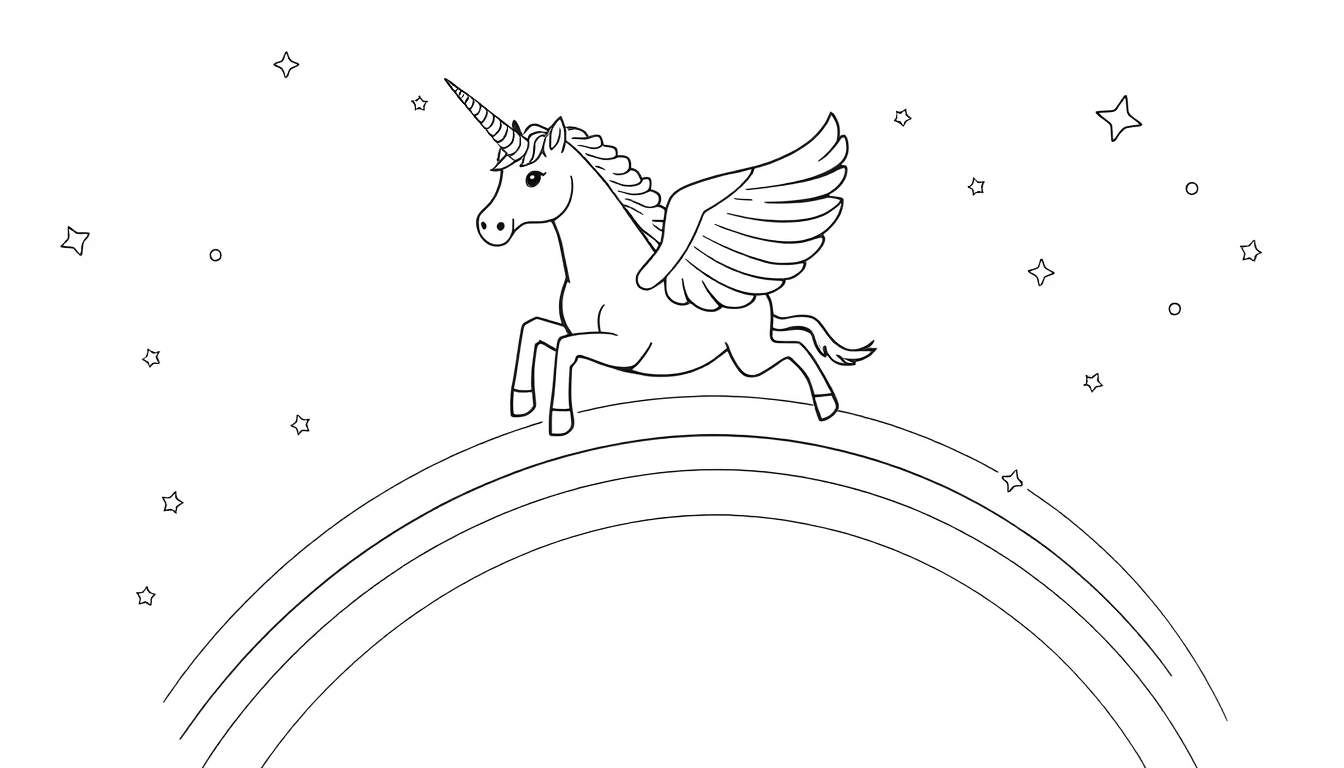Placa de color de un unicornio alado volando sobre un arcoíris estrellado.