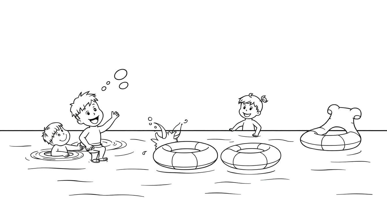 Tres niños jugando en una piscina con flotadores, delineado sin color, mostrando una placa de color para pintar.