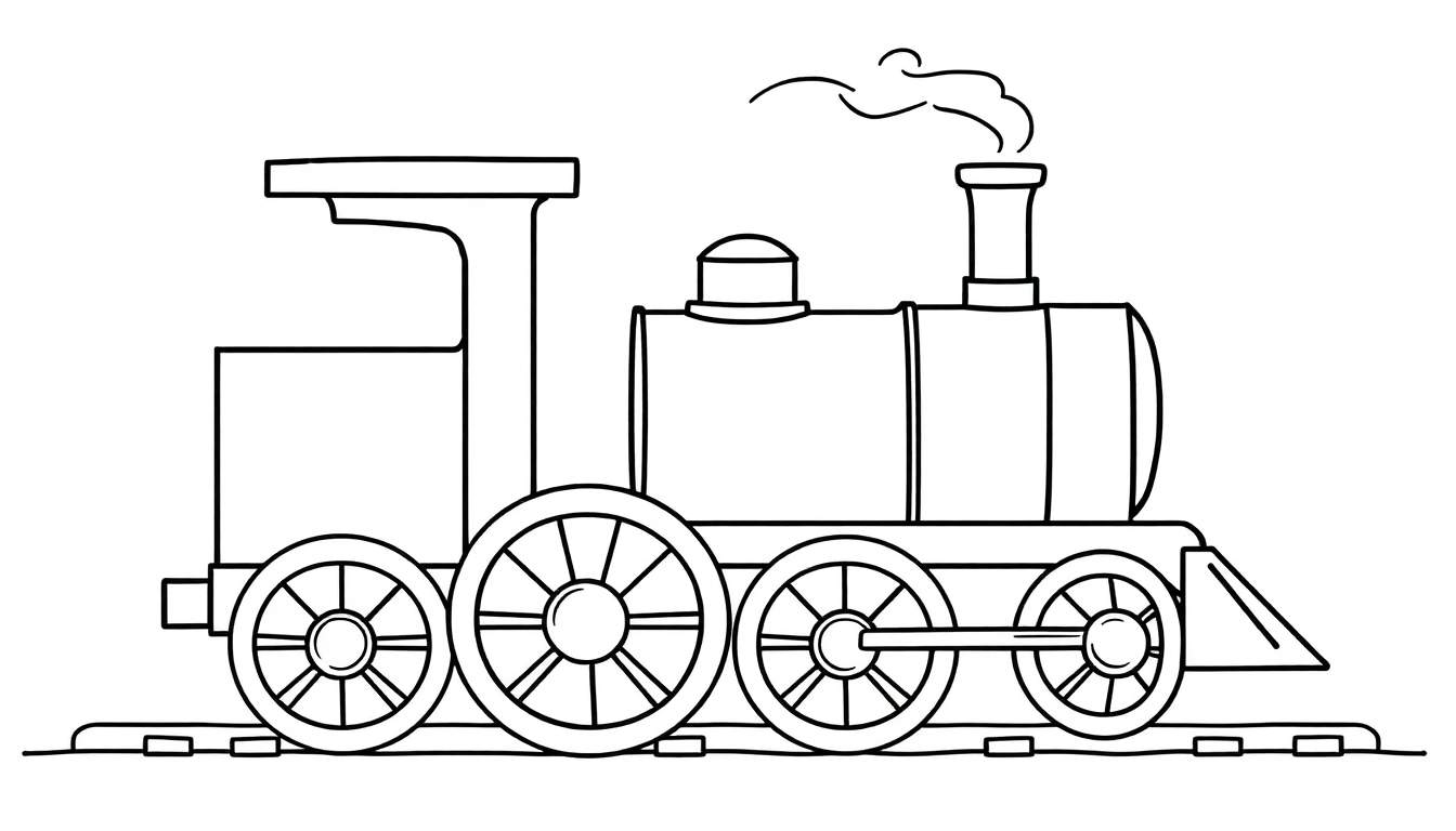 Un dibujo lineal simple de una locomotora de vapor con una placa de color.