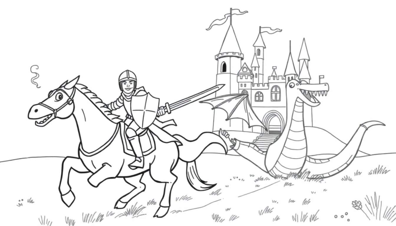 Placa de color: Caballero a caballo persiguiendo un dragón amistoso frente a un castillo.